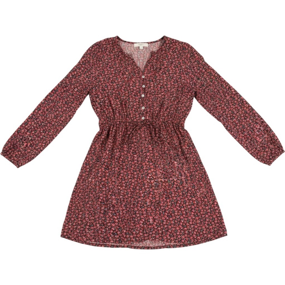 LOFT Red Black Floral Long Sleeve Mini Dress V-Neck Elastic Waist Size M